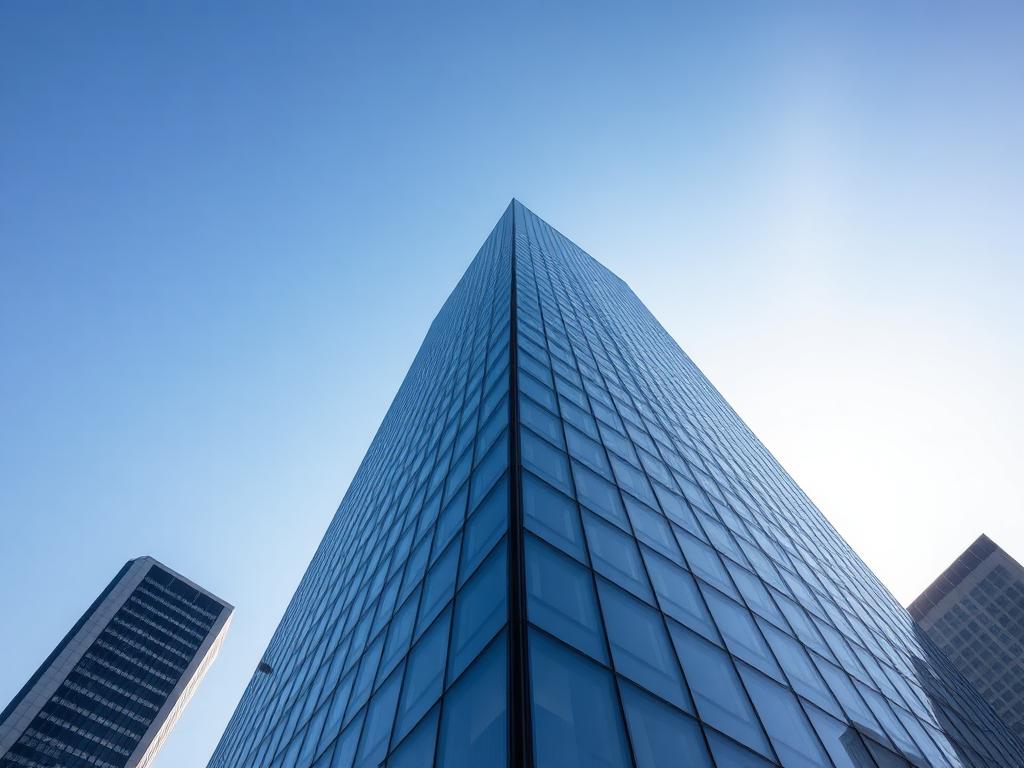 Modern glass skyscraper reaching into a clear sky