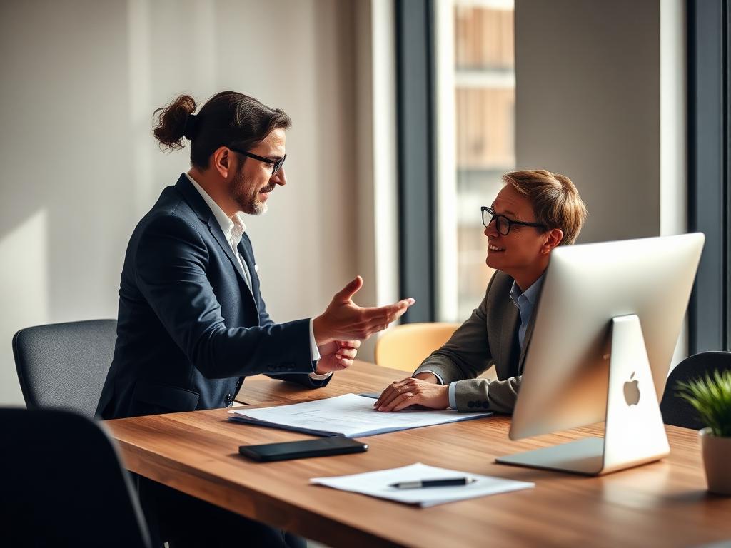 Advisor in conversation with a client at a wooden desk